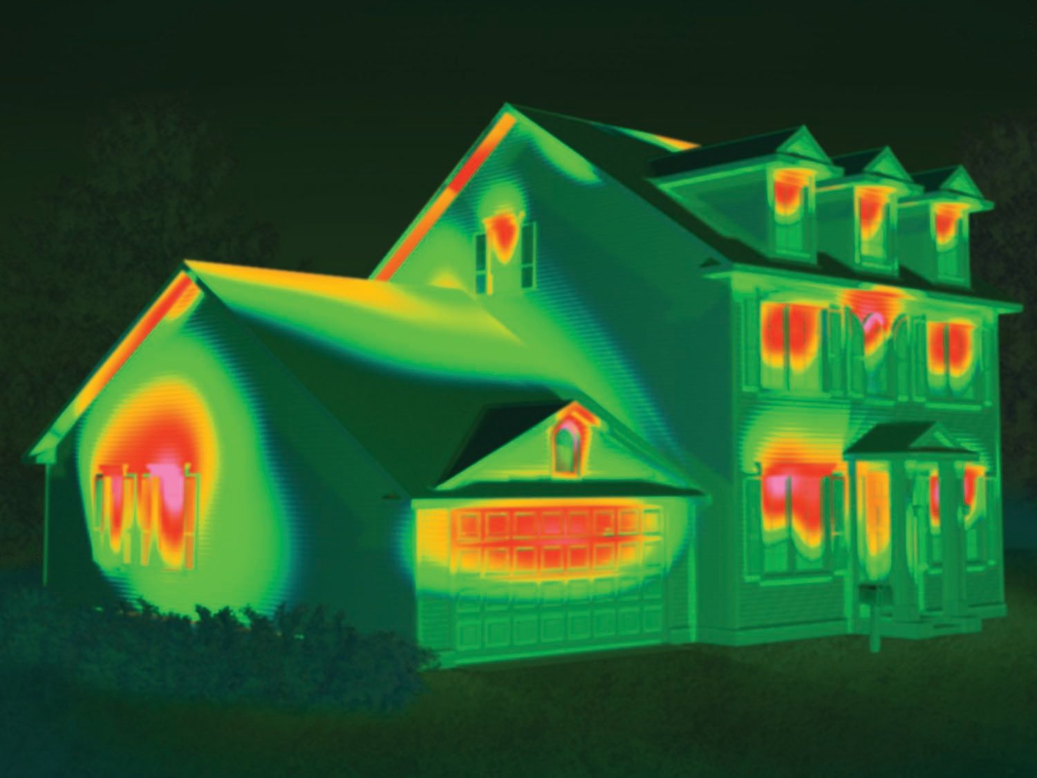 Thermal camera view of a home showing hot and cold spots